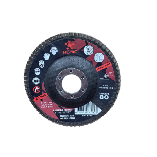 DISCO DE LÁMINAS PARA METAL MADERA 115MM HEMIC GRANO 80