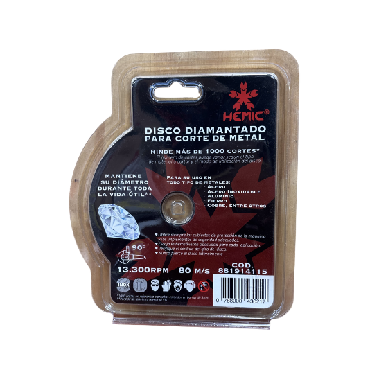 DISCO DIAMANTADO PARA CORTE DE METAL HEMIC 115X1,4X22,23MM